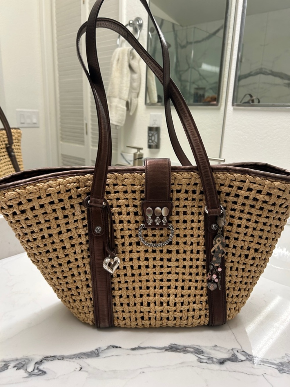 Brighton Brown and Natural Woven large Tote with Decorative Charms